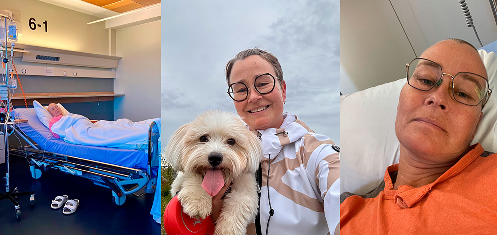 Marika Kunnari kolmessa eri kuvassa leukemiasairauden varrella kuvattuna.