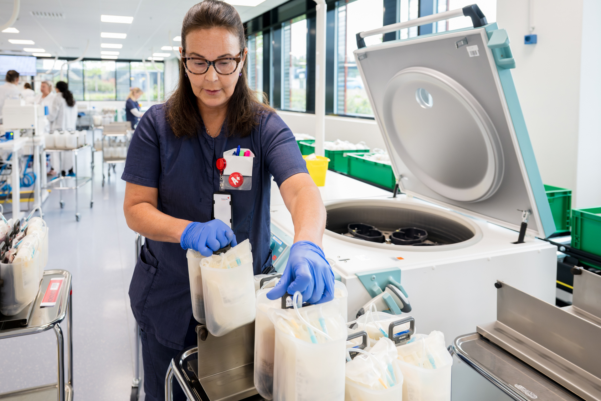 Veripalvelun soluerottelun työntekijä laittaa punasoluvalmisteita sentrifugiin.