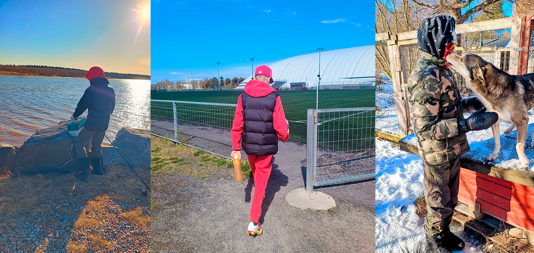 Kuvakollaasi, jossa kuvattu poika kalastamassa, jalkapallokentän laidalla ja koiratarhalla silittämässä koiraa.
