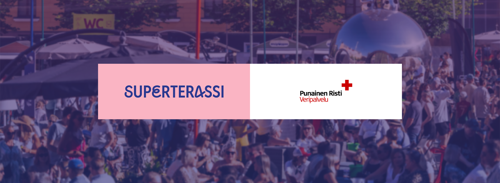 Taustakuva kesäiseltä Superterassilta. Keskellä sekä Superterassin että Veripalvelun logot.
